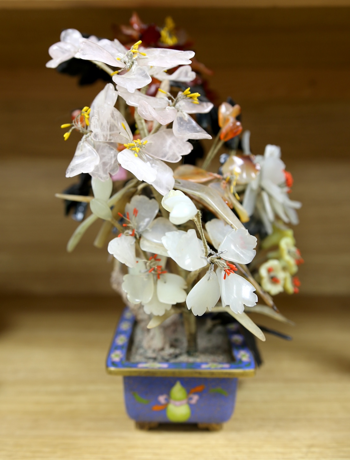 Five Chinese items including a pair of cloisonné enamel duck boxes and covers, a hardstone floral display and two dishes, largest 30cm. Condition - fair